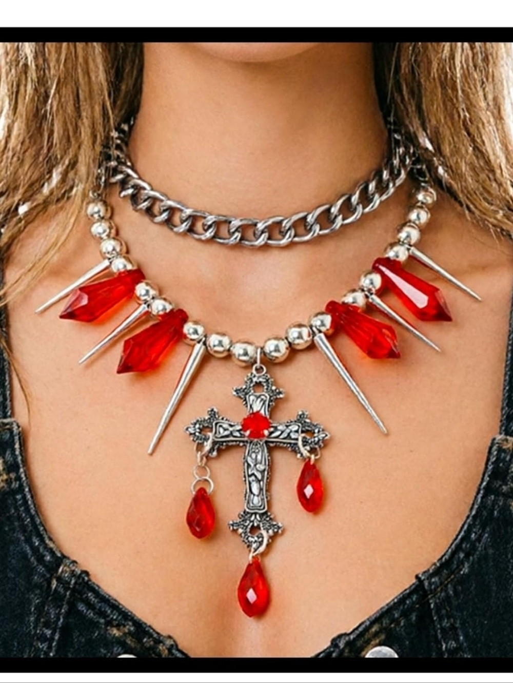 Red Crystal Spike Cross Pendant Necklace - Women Jewelry